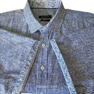 Bugatchi Classic Fit Coastal Short Sleeve Blue Striped Shirt 3XL